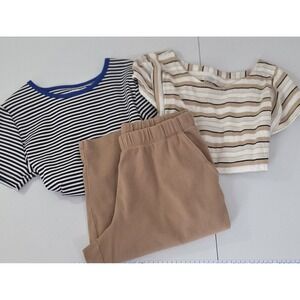 Lands End Womens 3pc Set Striped T-Shirts and Tan Shorts Size Medium Petite